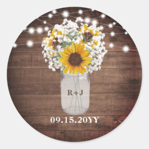 Sticker Rond Sunflowers Monogram Mason Jar Vase Lumières Mariag