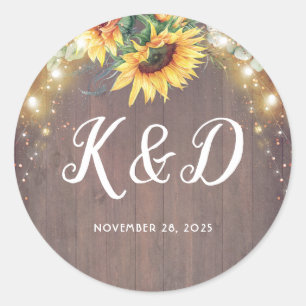Sticker Rond Sunflowers Rustic Country String Mariage