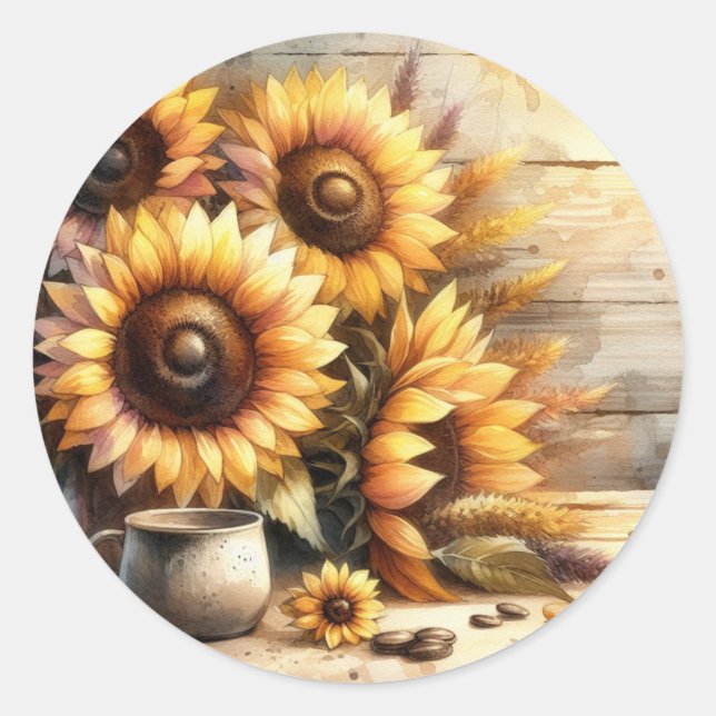 Sticker Rond Sunflowers Watercolor Painting (Devant)