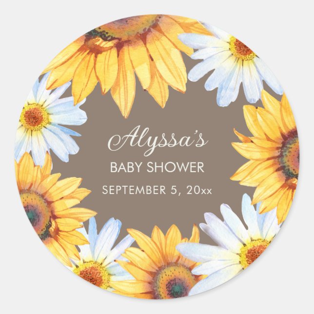 Sticker Rond Sunflowers White Daisies Baby shower Brown (Devant)