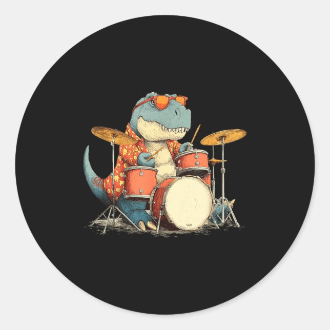 Sticker Rond Sungles Rockstar Dinosaur With Cool Drums Costume  (Devant)