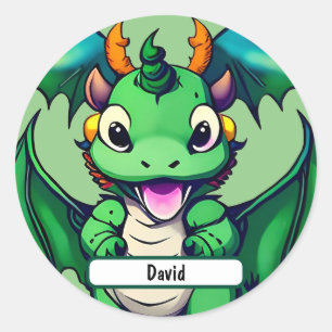 Sticker Rond Sunny Le Dragon Amical Avec Nametag Personnalisé