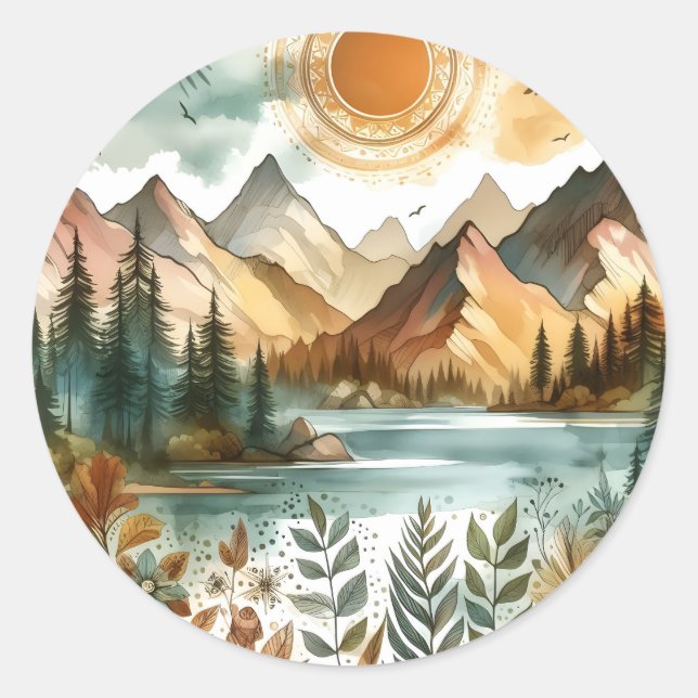 Sticker Rond Sunny Rustique Boho Nature Motif Mountain Lake (Devant)