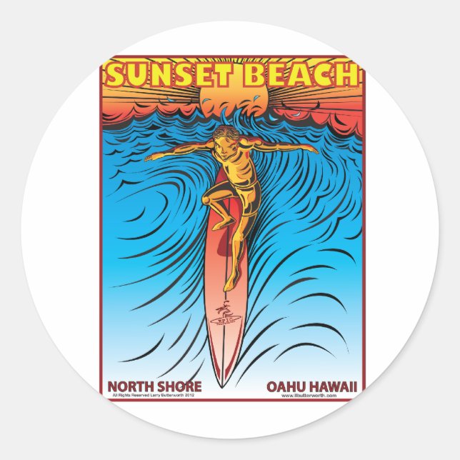 STICKER ROND SUNSET BEACH HAWAII SURF (Devant)