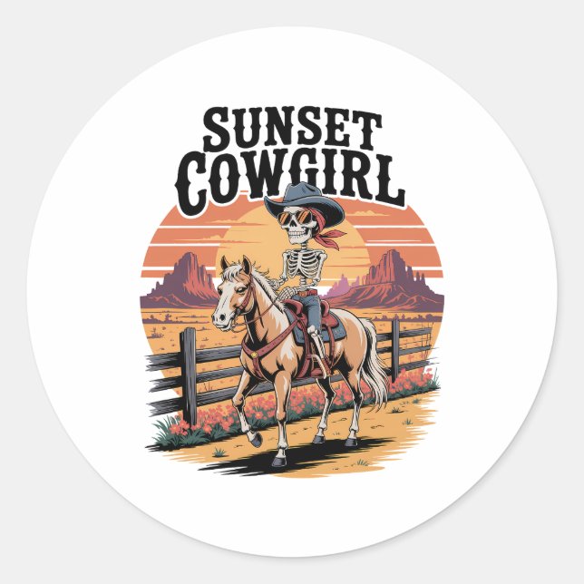 Sticker Rond Sunset Cowgirl Skeleton équitation Cheval (Devant)