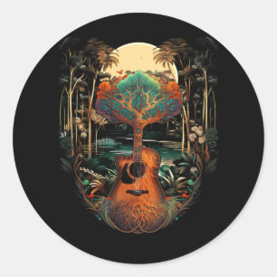 Sticker Rond Sunset De Guitare Acoustique Par Le Guitariste Lak