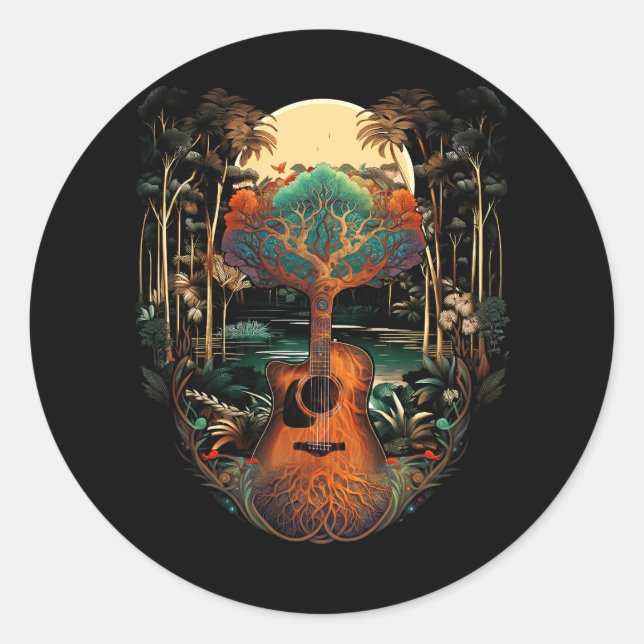 Sticker Rond Sunset De Guitare Acoustique Par Le Guitariste Lak (Devant)