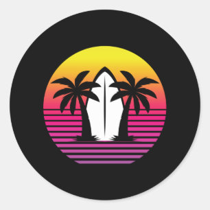 Sticker Rond Sunset Surfboard Rétro Surf Vintage Surfer Cadeau