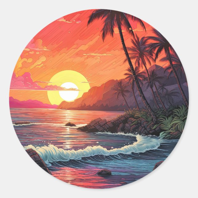 Sticker Rond Sunset Tropical Beach Paradise Island  (Devant)