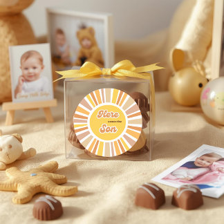 Sticker Rond Sunshine Baby Shower Boho Retro Yellow Sunshine