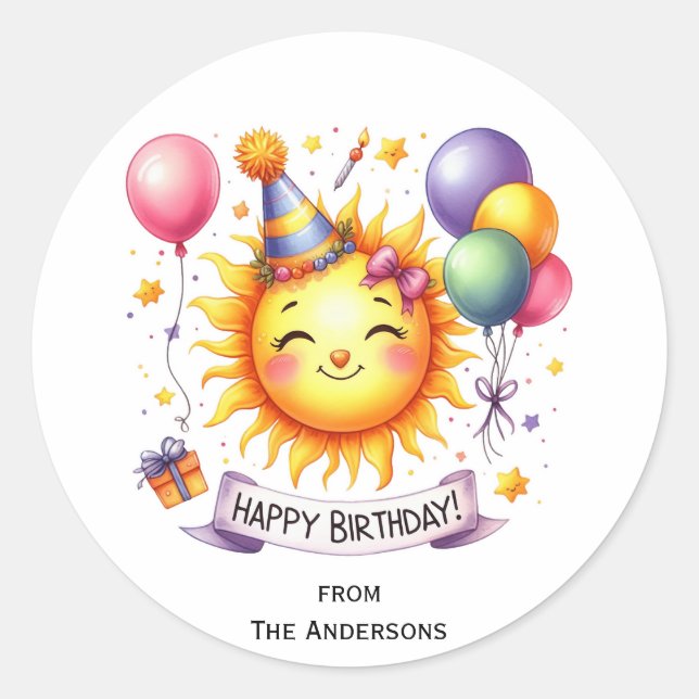 Sticker Rond Sunshine Nom personnalisé Joyeux anniversaire (Devant)