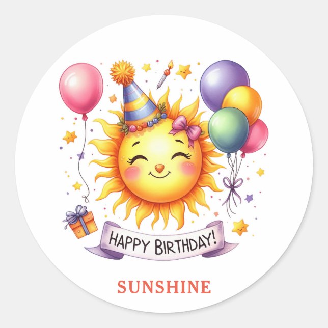 Sticker Rond Sunshine Nom personnalisé Joyeux anniversaire (Devant)