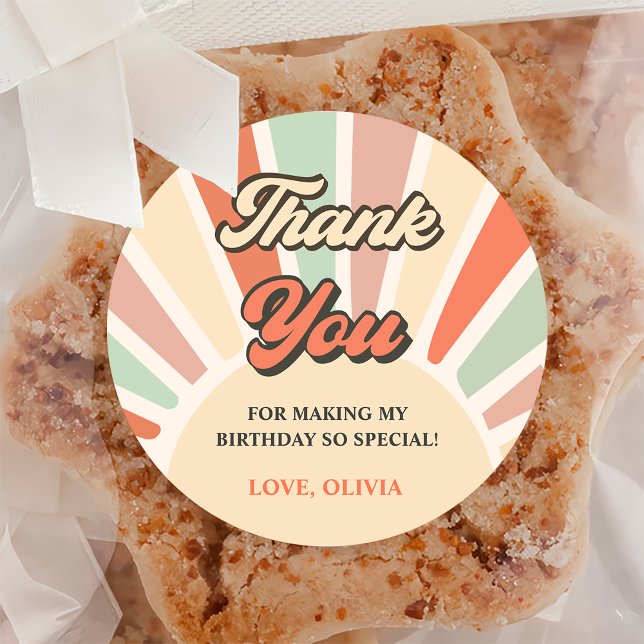 Sticker Rond Sunshine Retro Rainbow Merci fête d'anniversaire (Créateur téléchargé)