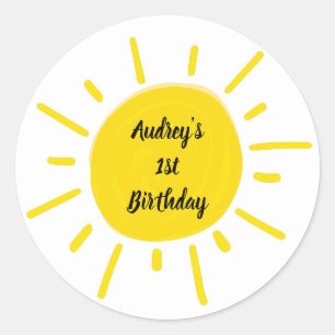 Sticker Rond Sunshine Whimsical Jaune fête d'anniversaire