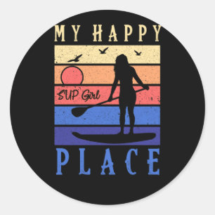 Sticker Rond SUP Girl My Happy Place Water Stand Paddle Board