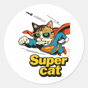 Sticker Rond Super Chat Volant avec Poisson 