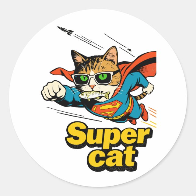 Sticker Rond Super Chat Volant avec Poisson  (Devant)