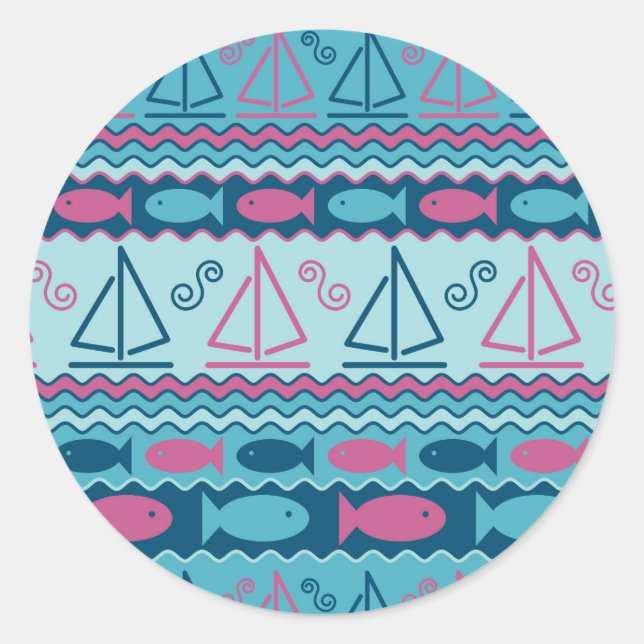 Sticker Rond Super Fun Poisson Et Motif De Voilier (Devant)