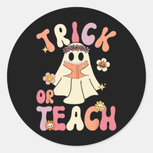Sticker Rond Super Halloween Trick ou Enseigner Retro Floral Fa