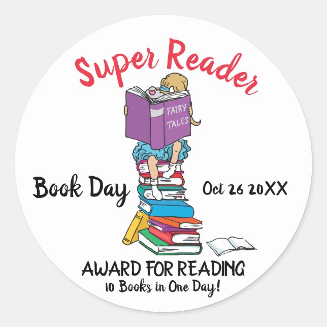Sticker Rond Super lecteur fille sur livres lecture livre jour  (Devant)