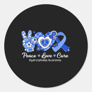 Sticker Rond Super Peace Love Cure Bleu Ruban Hydrocéphalie A