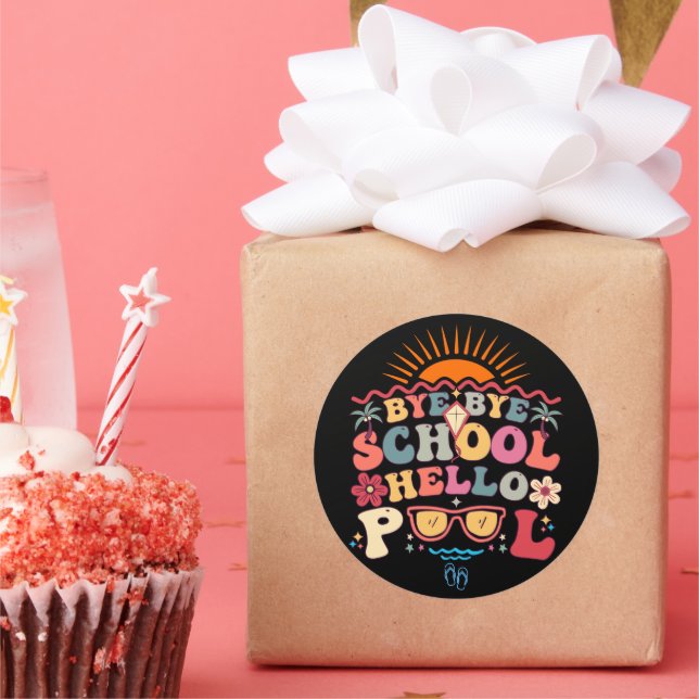 Sticker Rond Super Retro Design Bye Bye School Hello Pool Cool (Fête)
