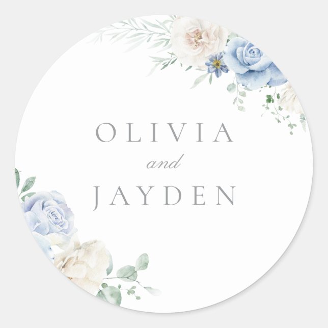 Sticker Rond Superbe Botanique Blanc & Bleu Floral Mariage (Devant)