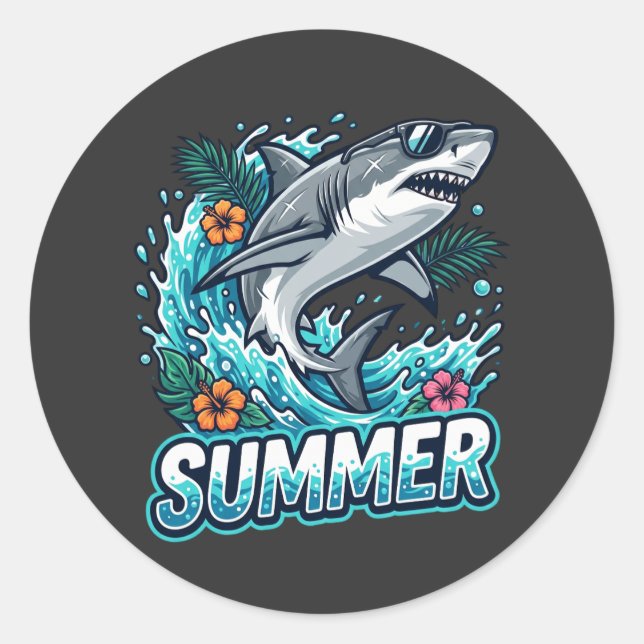 Sticker Rond Superbe Grand Requin Blanc Sautant - animal d'été  (Devant)