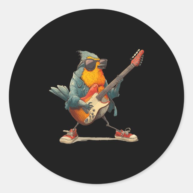 Sticker Rond Superbe Oiseau Robin Avec Guitare Électrique Pour  (Devant)