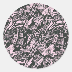 Sticker Rond Supergirl Pink et Black Scribbles