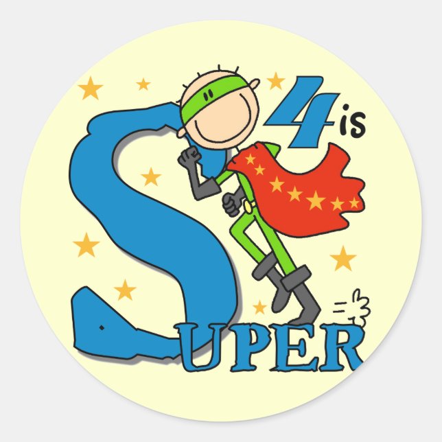 Sticker Rond Superhero Boy 4th Birthday Tshirts et cadeaux (Devant)