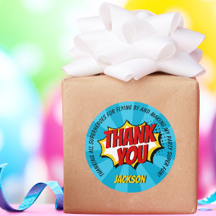 Sticker Rond Superhero Comic Style Garçon Anniversaire Merci bl