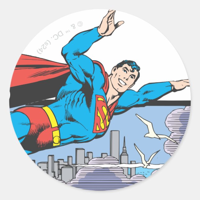 Sticker Rond Superman Flies Thru City (Devant)