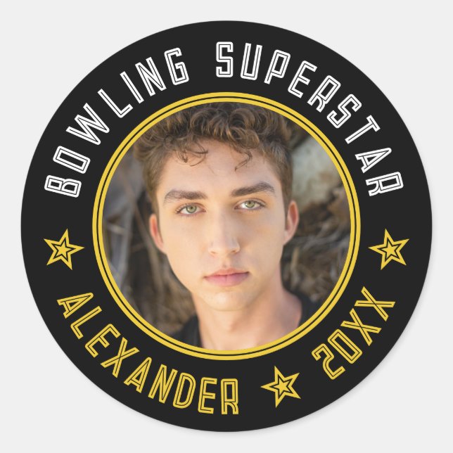 Sticker Rond Superstar Bowling moderne Nom Date photo Noir (Devant)