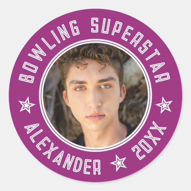 Sticker Rond Superstar Bowling Moderne Photo Nom Rose Violet  (Devant)