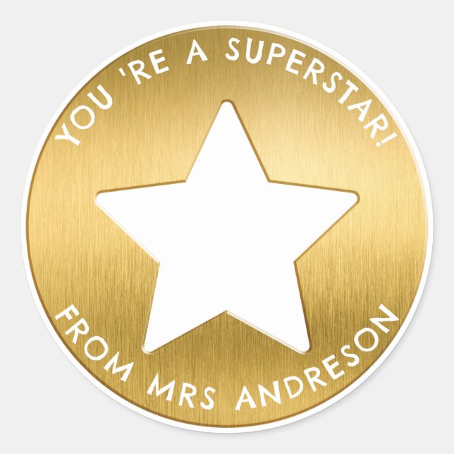 Sticker Rond Superstar d'or personnalisée Prix de l'enseignant (Devant)