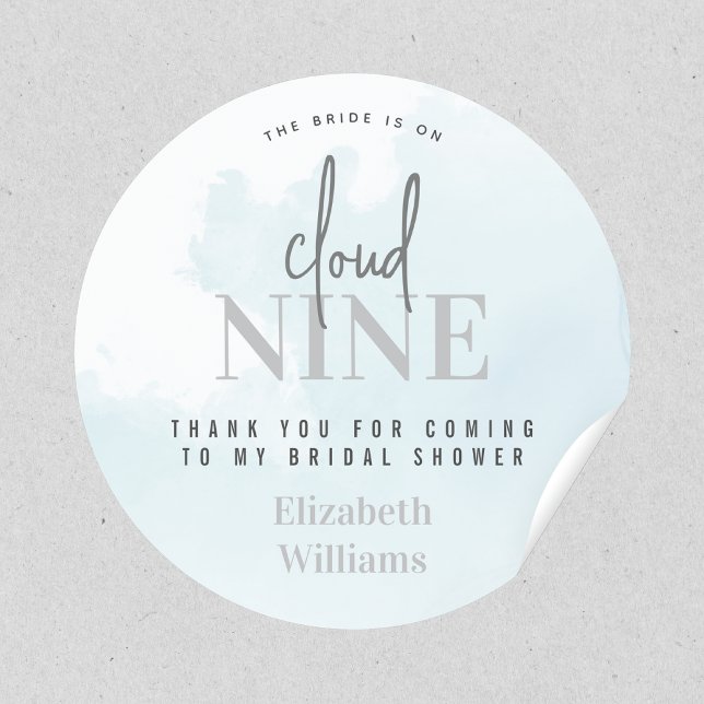 Sticker Rond Sur Cloud 9 Merci d'être venu à la Fête de Mariée (the bride is on cloud nine thank you for coming to my bridal shower sticker)