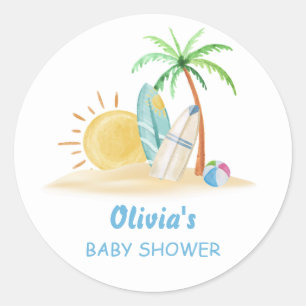 Sticker Rond Surbord Sunshine Beach Palm Tree Baby shower