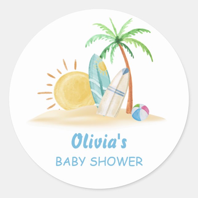 Sticker Rond Surbord Sunshine Beach Palm Tree Baby shower (Devant)