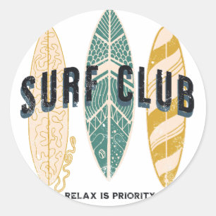 Sticker Rond Surf Club Summer Beach Vacances Funny Vintage