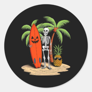 Sticker Rond Surf de squelette ambiance de plage Halloween amus