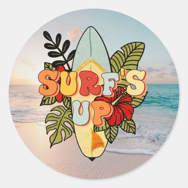 Sticker Rond Surf d'été fleurs de plage et feuilles tropicales (Devant)