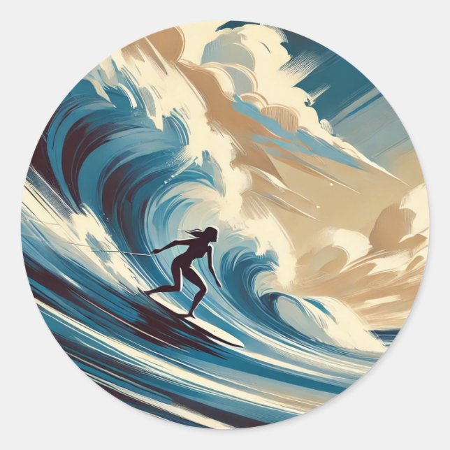 Sticker Rond Surf en Mavericks Californie Surfer Girl Wave (Devant)
