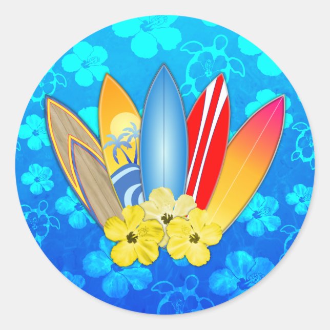 Sticker Rond Surf et fleurs d'Hibiscus (Devant)