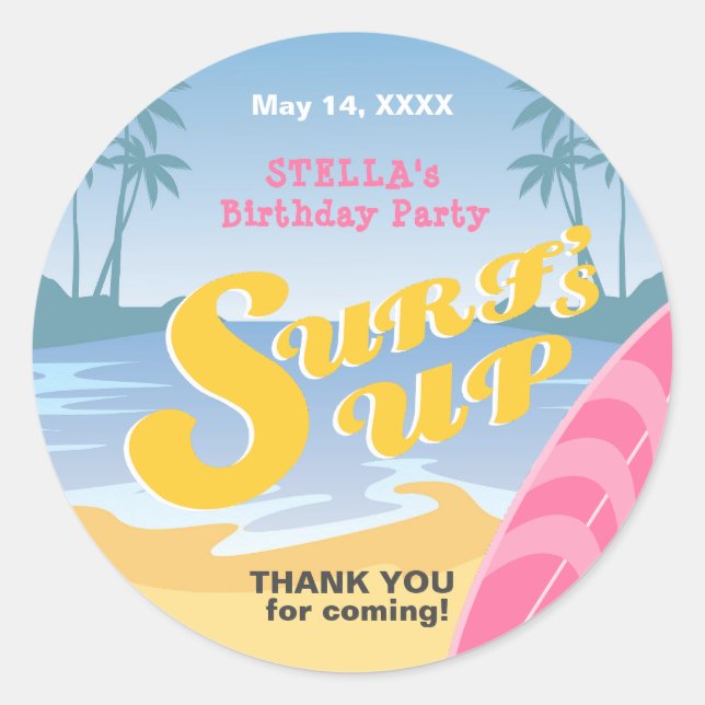 Sticker Rond Surf Fille fête d'anniversaire (Devant)