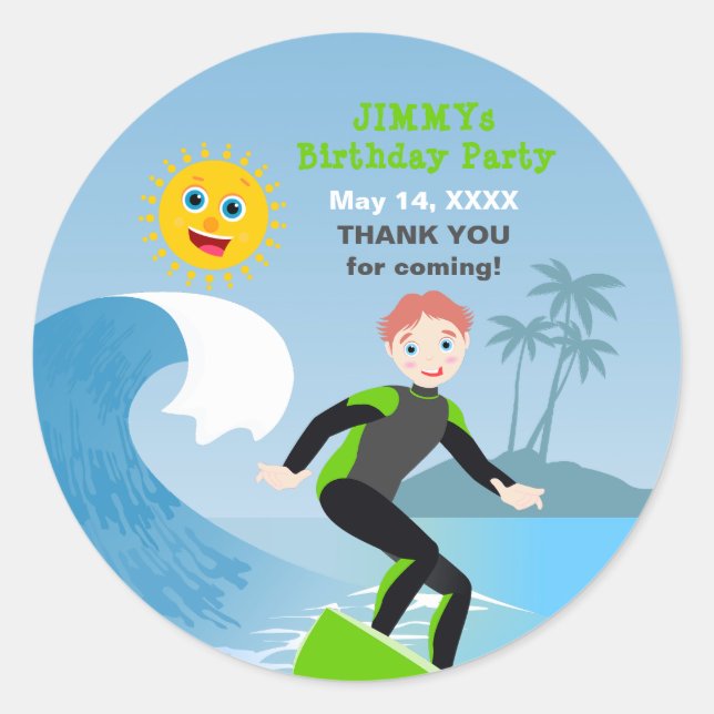 Sticker Rond Surf garçon fête d'anniversaire (Devant)