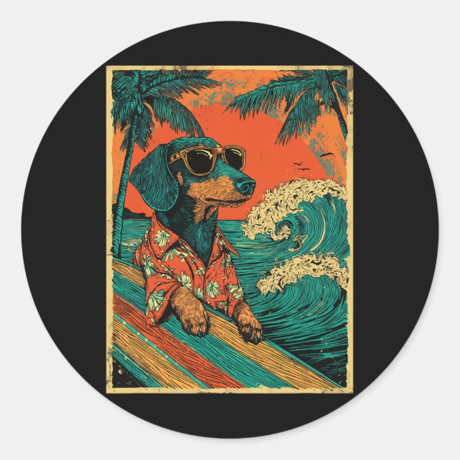Sticker Rond Surf rétro de teckel surfeur chien plage hawaïenne (Devant)