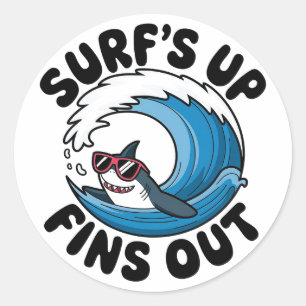 Sticker Rond Surf’s Up, Fins Out - Cool Surfing Design