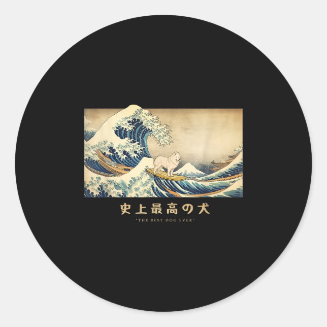 Sticker Rond Surf Samoyed Kanagawa Vague Chien Japonais Drôle (Devant)