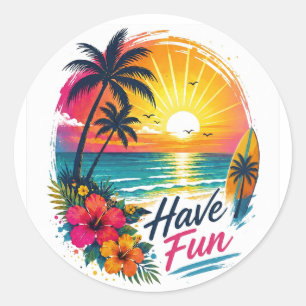 Sticker Rond Surf, soleil et palmiers – Ambiance estivale tropi